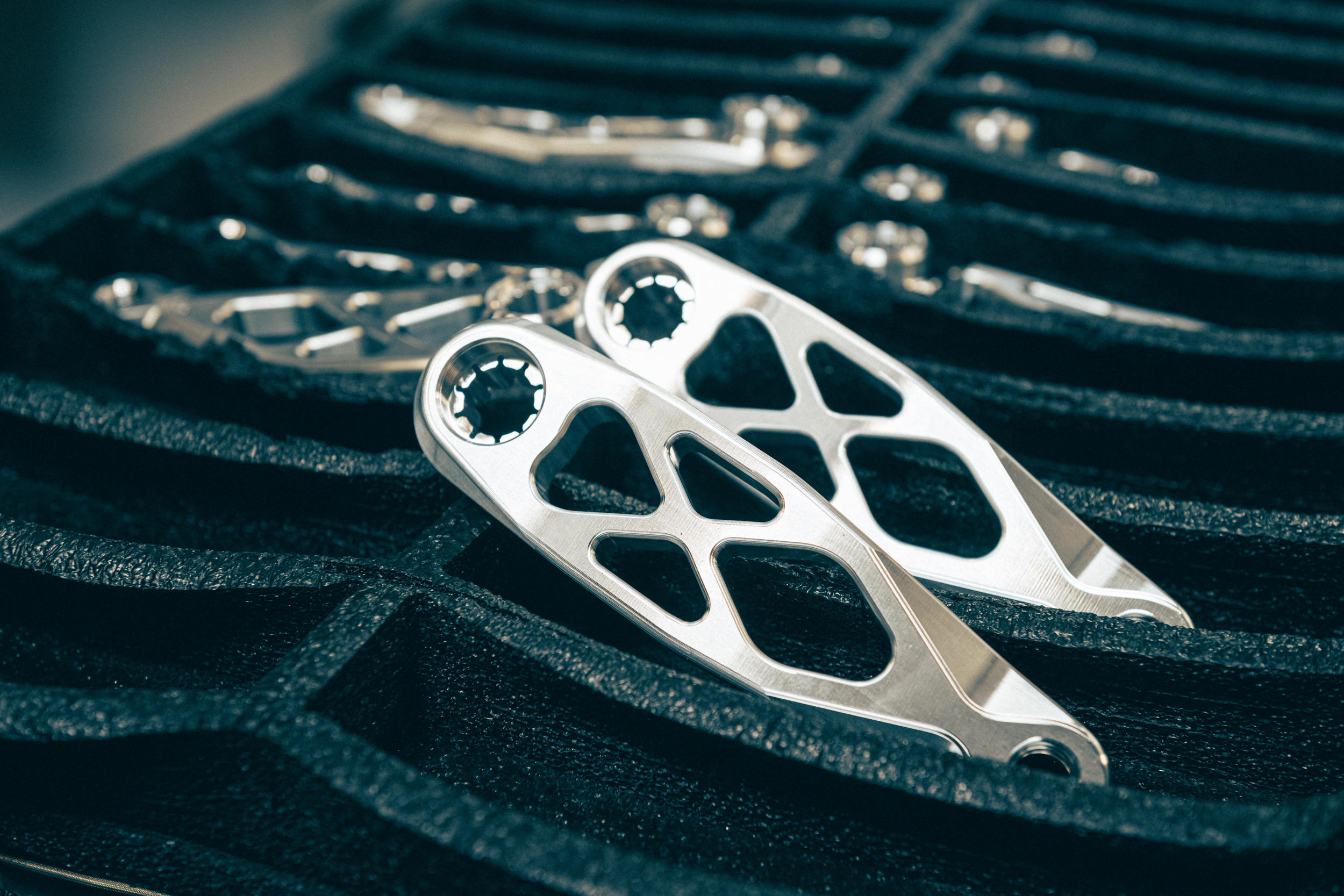 close up photo of 5dev cranks in the final stage of manufacturing in san diego