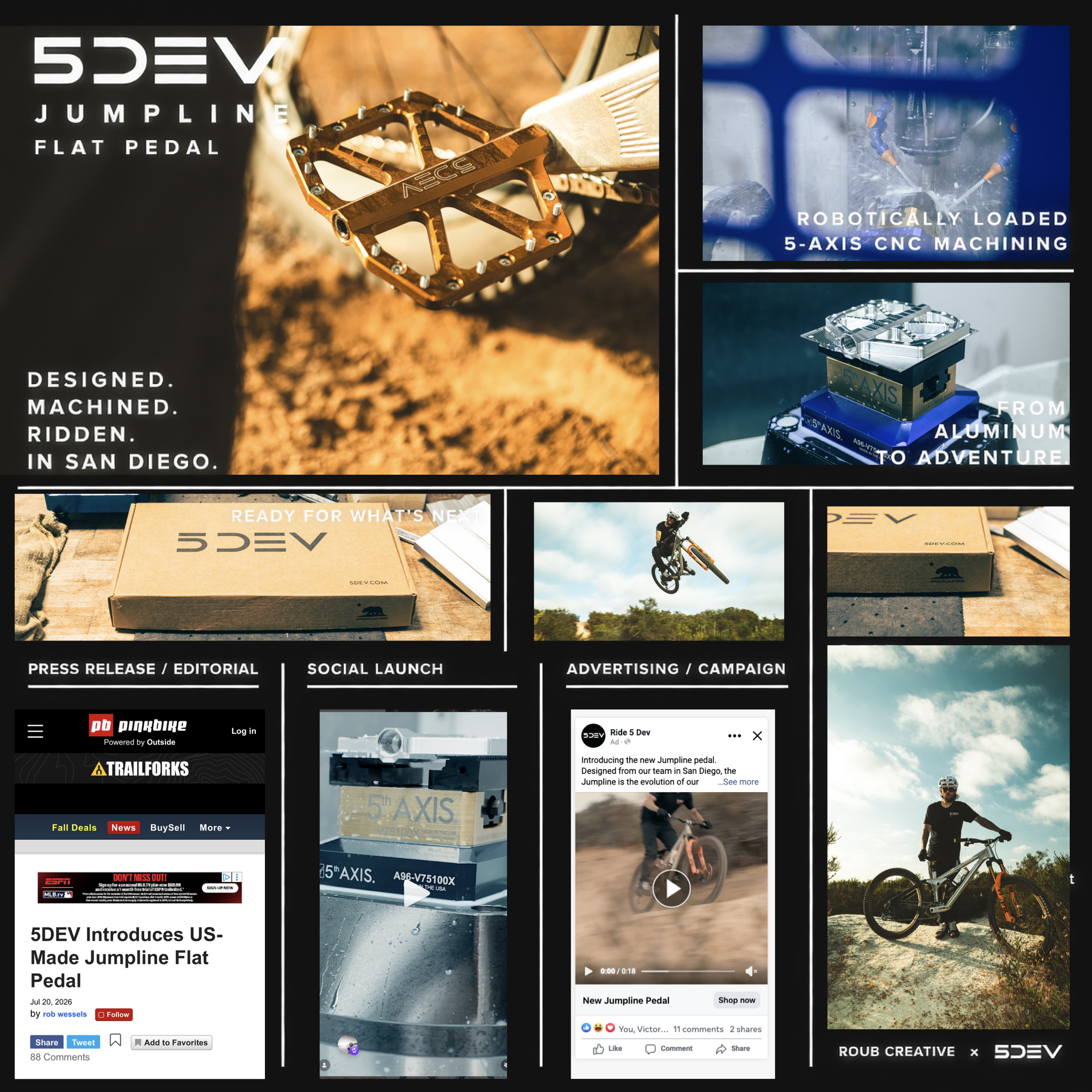 5DEV Jumpline pedal launch campaign spanning product photography, manufacturing, editorial, social media and advertising